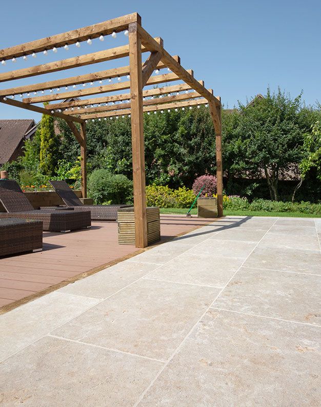Wooden pergola with string lights over patio with wicker loungers next to garden. Sunny outdoor relaxation space.