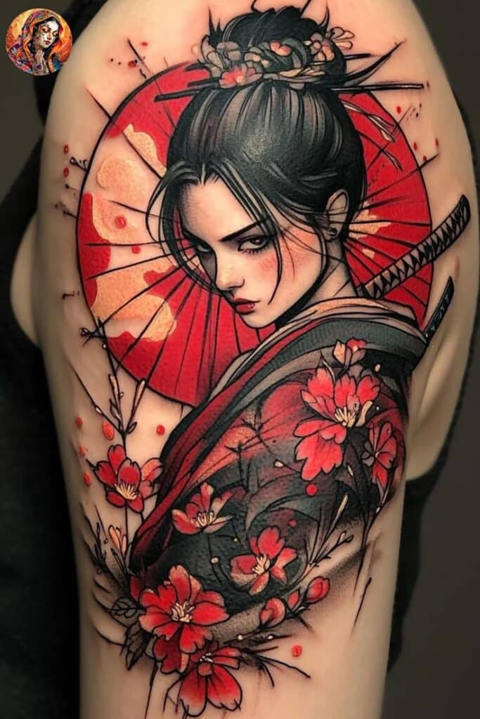 Japanese geisha tattoo with red and black hues, featuring cherry blossoms and a traditional umbrella for artistic flair.