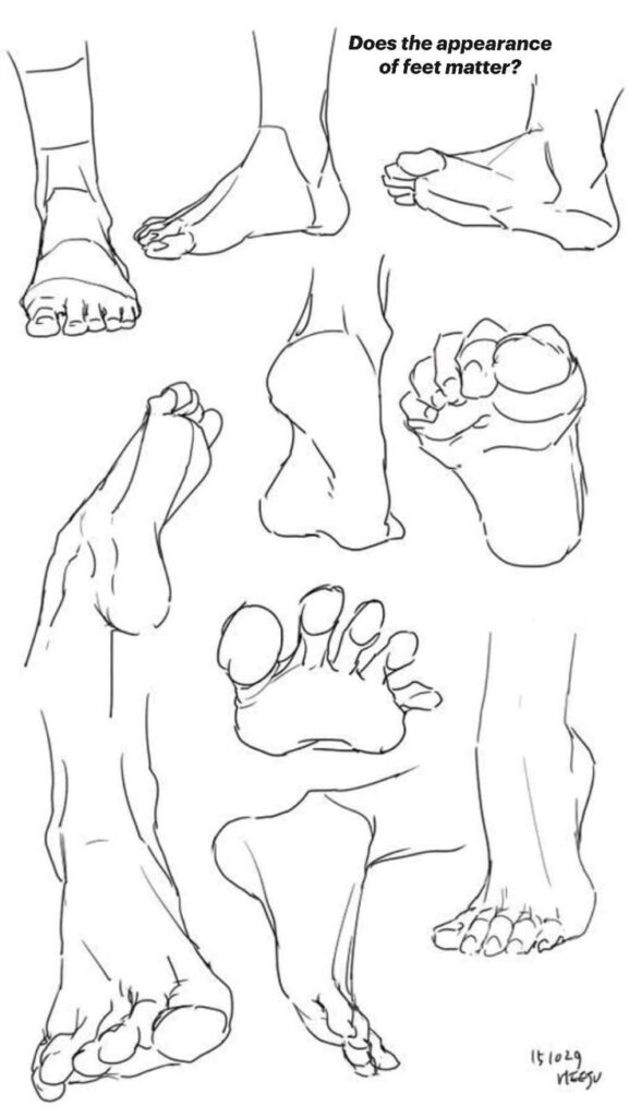 Line drawings of feet in various poses with text: Does the appearance of feet matter?