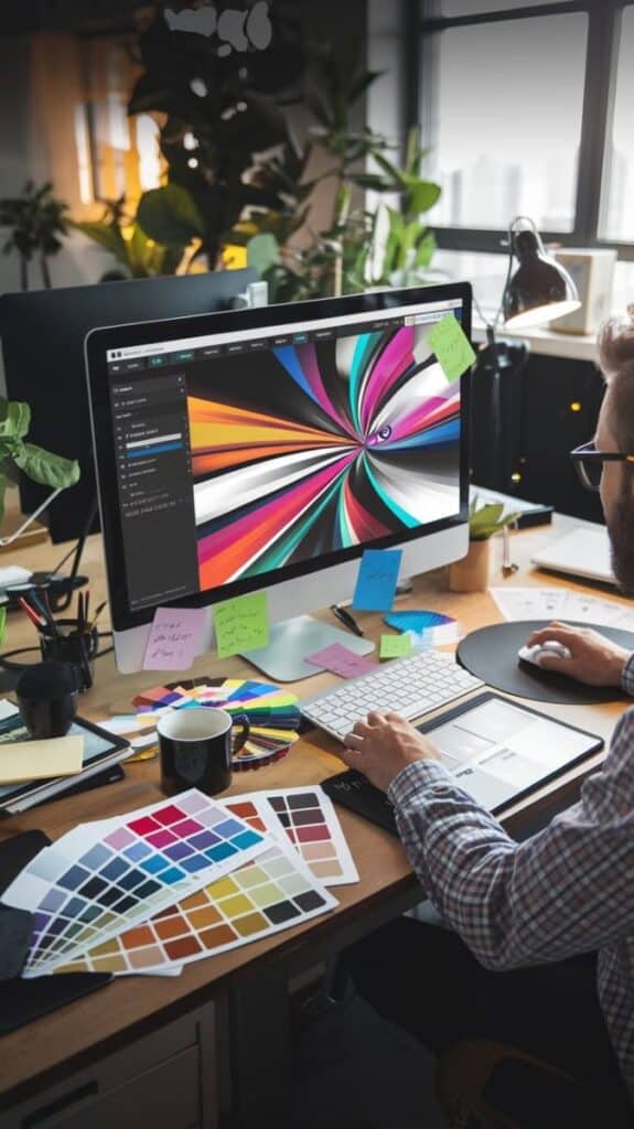Designer creating vibrant digital artwork on a computer, surrounded by color palettes and notes in a modern office.