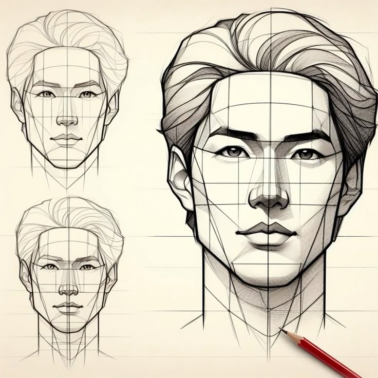 Drawing guide showing male facial proportions with pencil sketches and grid lines.