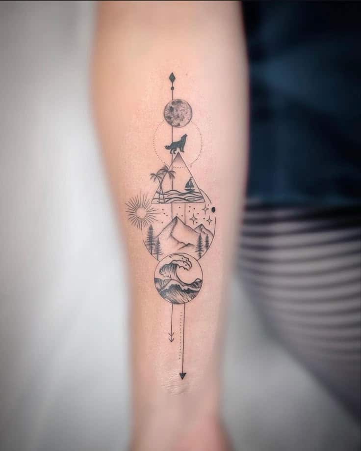 Elements Tattoo Geometric tattoo on forearm with wolf, mountain, wave, and celestial symbols, blending nature and abstract art. | Sky Rye Design Geometric tattoo on forearm with wolf, mountain, wave, and celestial symbols, blending nature and abstract art.