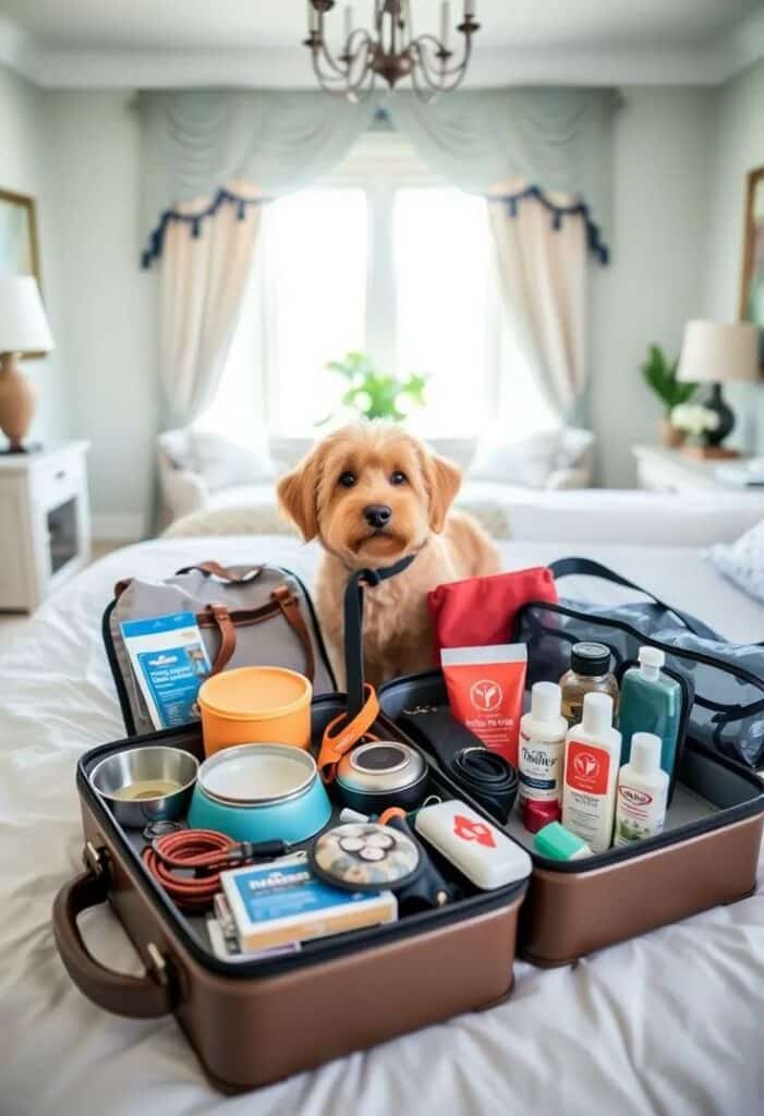 Cute dog sitting beside a packed suitcase with pet travel essentials in a cozy bedroom.