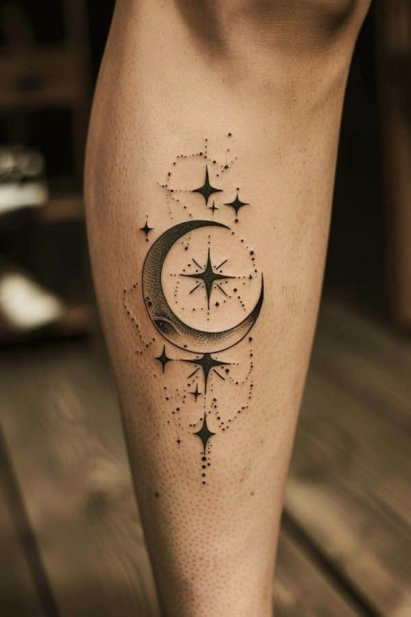 Tattoo of a crescent moon with stars and constellations on a calf, showcasing detailed celestial design.