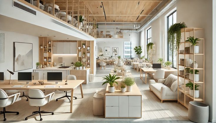 Modern open office with natural light, wooden furniture, and indoor plants for an eco-friendly workspace design.