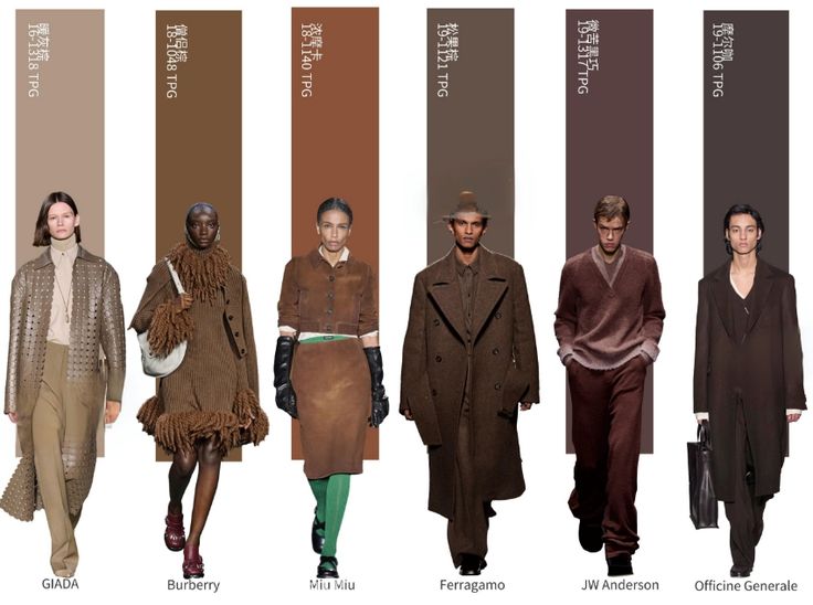 Fashion models showcase fall brown outfits and shades from brands like Giada, Burberry, Miu Miu, Ferragamo, JW Anderson.