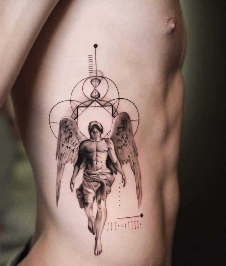 Fallen angel 🖤__tattoos tattooing tattooideas tattoopraha tattooprague tattooed tattooink tattoostyle tattooflash tattooinspiration tattooartist tattoo tattooart tattoolife tattoolove Angel tattoo with geometric patterns on side of body, featuring detailed wings and hourglass design. | Sky Rye Design Angel tattoo with geometric patterns on side of body, featuring detailed wings and hourglass design.