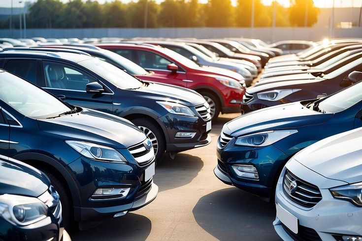 Modern cars parked in dealership lot under sunlight, showcasing various models and colors in an outdoor setting.