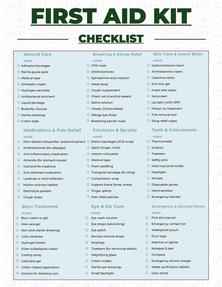 First Aid Kit Checklist: Comprehensive list including wound care, medications, tools, and emergency items.