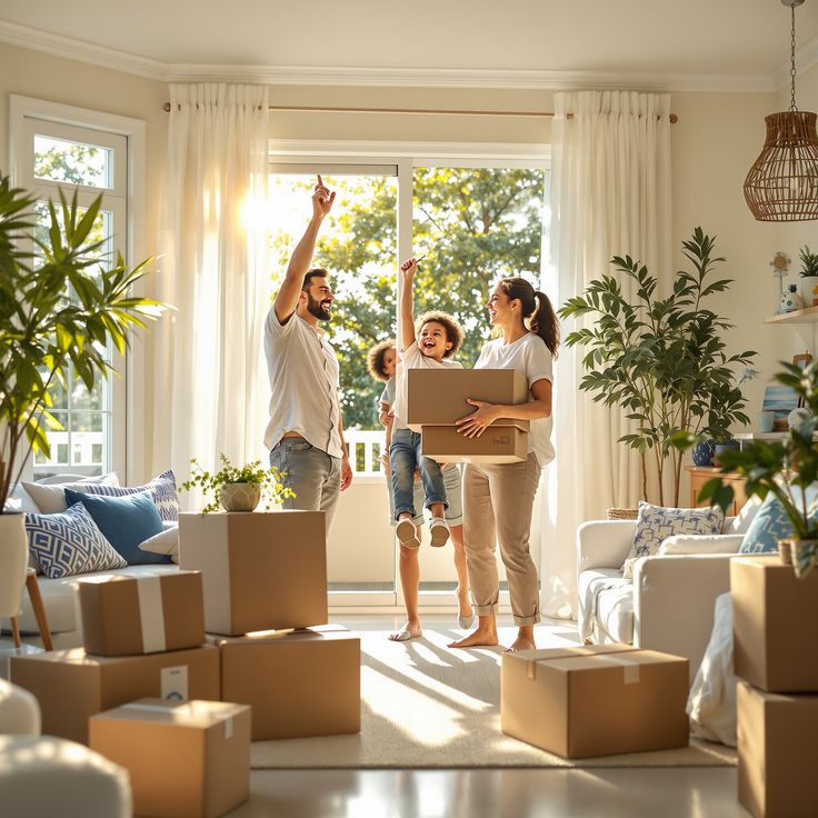 Family celebrating moving day in sunlit living room with boxes and greenery.