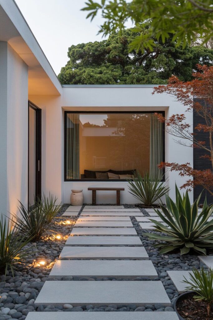 Front Yard 1 Modern patio with stone path, minimalistic bench, and lush greenery, framed by large window and white walls. | Sky Rye Design Modern patio with stone path, minimalistic bench, and lush greenery, framed by large window and white walls.