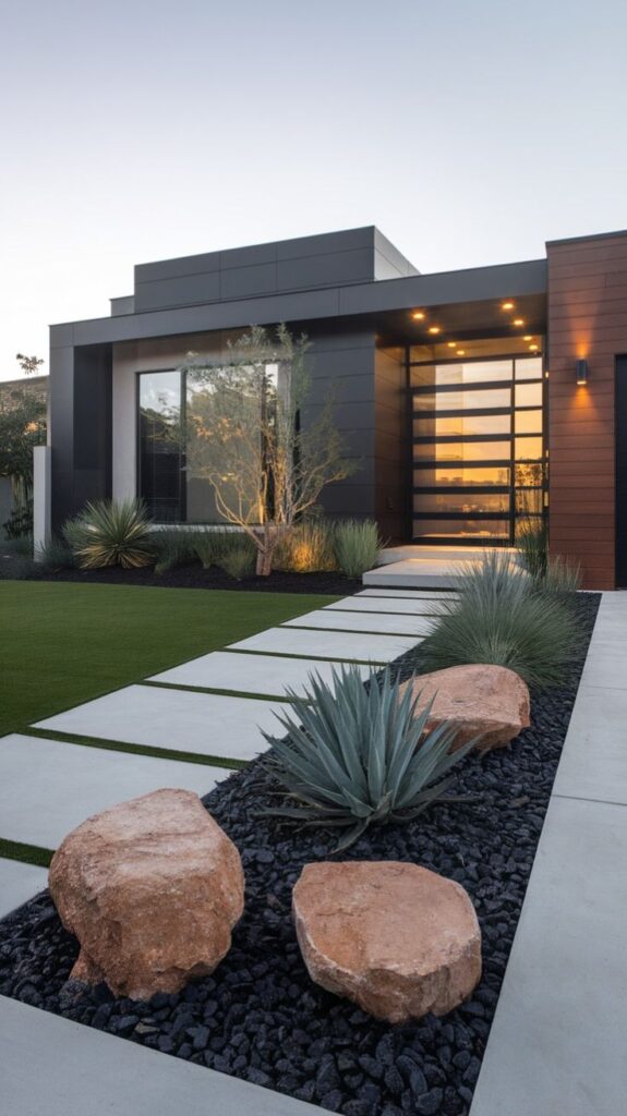 Front Yard 2 Modern minimalist house exterior with landscaped garden, stone path, and desert plants at sunset. | Sky Rye Design Modern minimalist house exterior with landscaped garden, stone path, and desert plants at sunset.