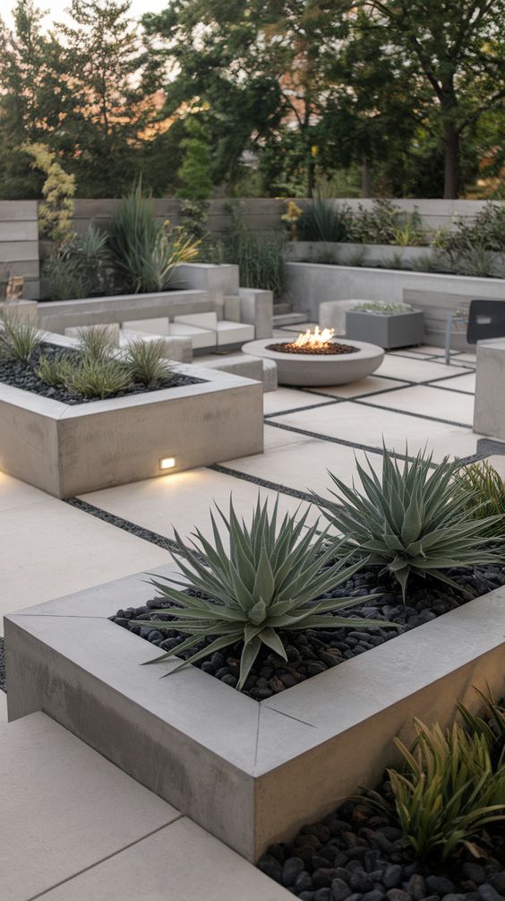 Modern patio with concrete planters, lush greenery, and a central fire pit, surrounded by trees.