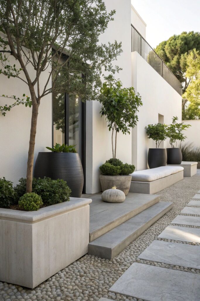 Modern patio with white walls, large planters, and minimalist seating on pebble-lined path.