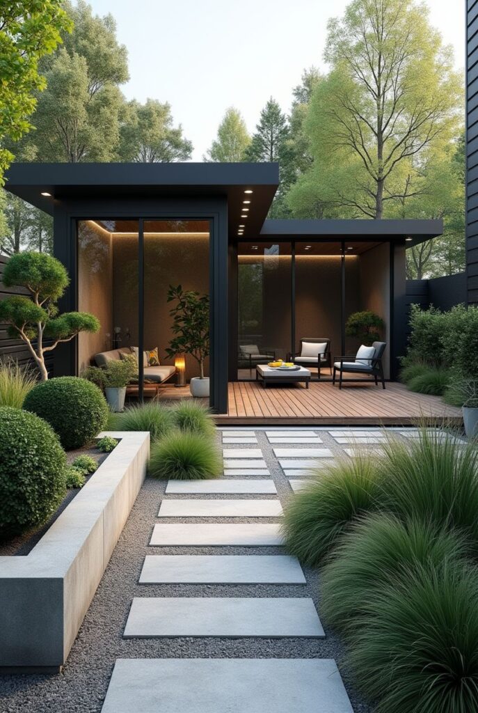 Modern backyard with a sleek patio, big windows, and lush landscaping featuring pavers and manicured greenery.