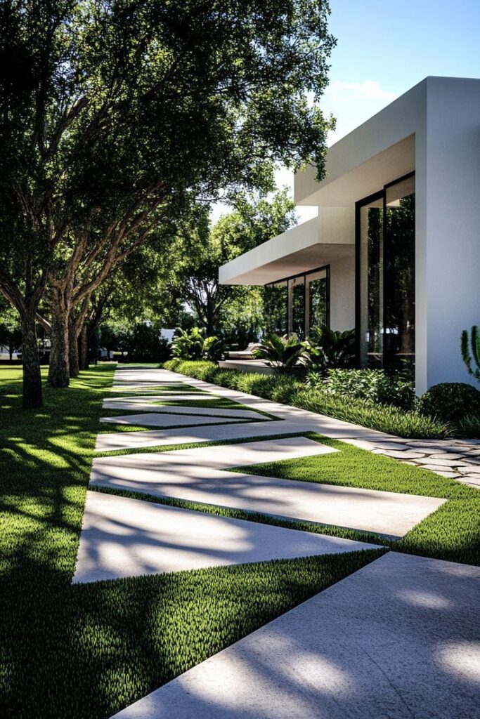 Modern house exterior with large windows, surrounded by trees and a geometric concrete path on a sunny day.