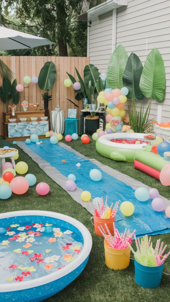Colorful backyard party with inflatable pools, balloons, and decorations.