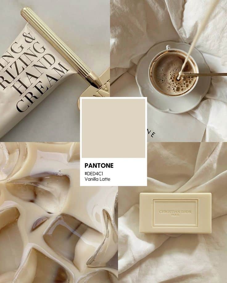 Cream and latte themed aesthetic, Pantone shade Vanilla Latte, featuring hand cream, coffee, and Dior product.
