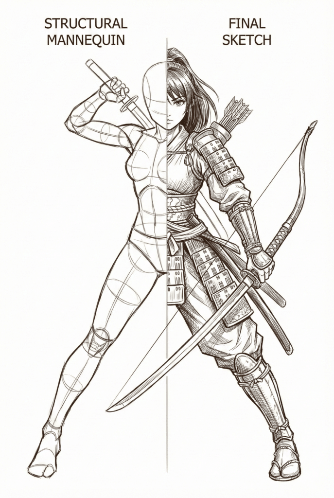 Half drawing of a warrior shows transition from structural mannequin to detailed sketch, highlighting artistic process and