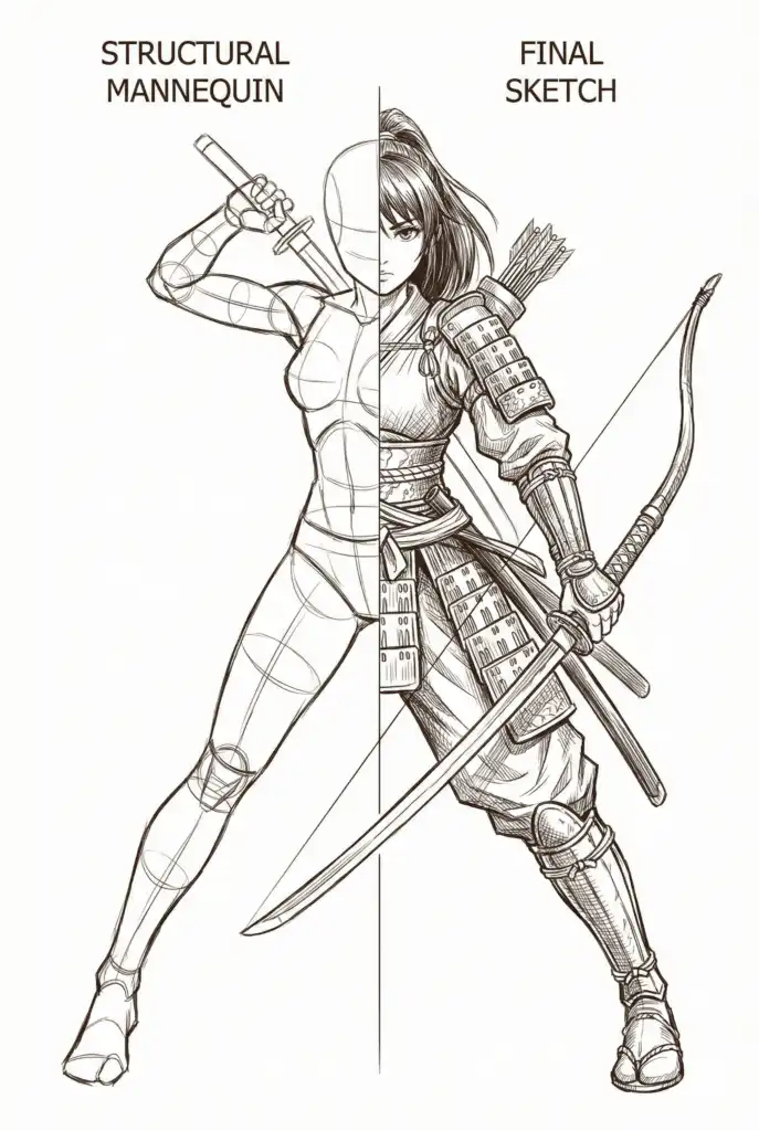 Half drawing of a warrior shows transition from structural mannequin to detailed sketch, highlighting artistic process and