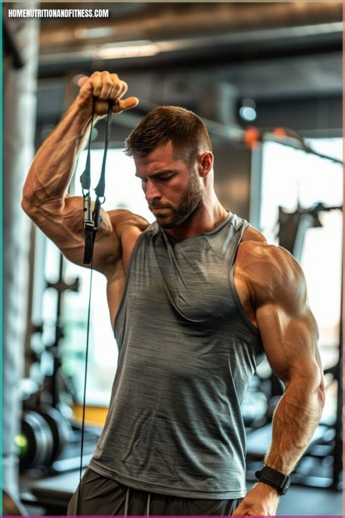 Man lifting cable weights in gym, wearing gray tank top, focused on strength training.
