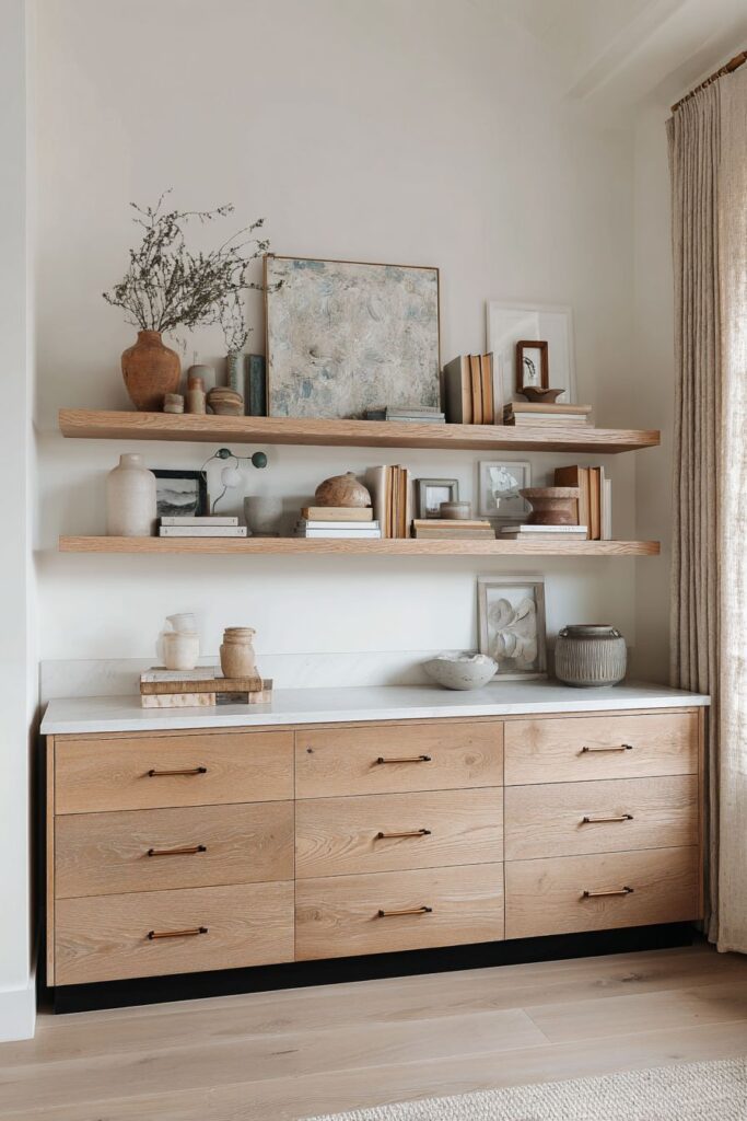 Modern wooden dresser with open shelves, decorative vases, books, and art for a minimalist living room.