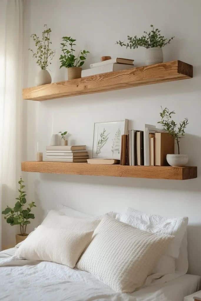 Cozy bedroom with floating wooden shelves, plants, and books, above a soft bed with white pillows and linens.