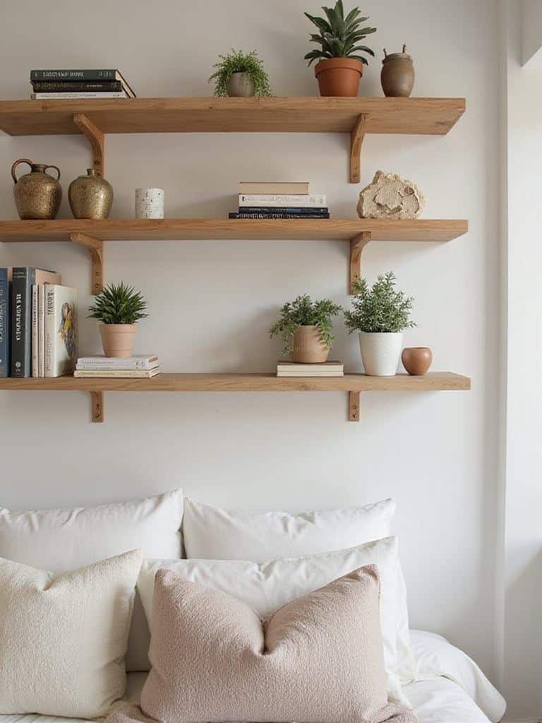 Cozy bedroom with wooden shelves, plants, books, and white bedding, creating a serene and stylish atmosphere.