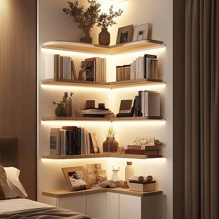Modern corner bookshelf with ambient lighting, styled with books, plants, and decor in a cozy bedroom setting.