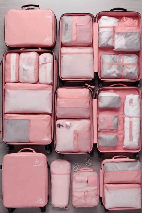Pink suitcases with organized packing cubes and travel essentials, neatly arranged for efficient packing and travel.