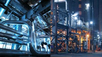 Industrial facility at night with illuminated steel pipes and structures. Vibrant blue and orange lighting accentuates details.