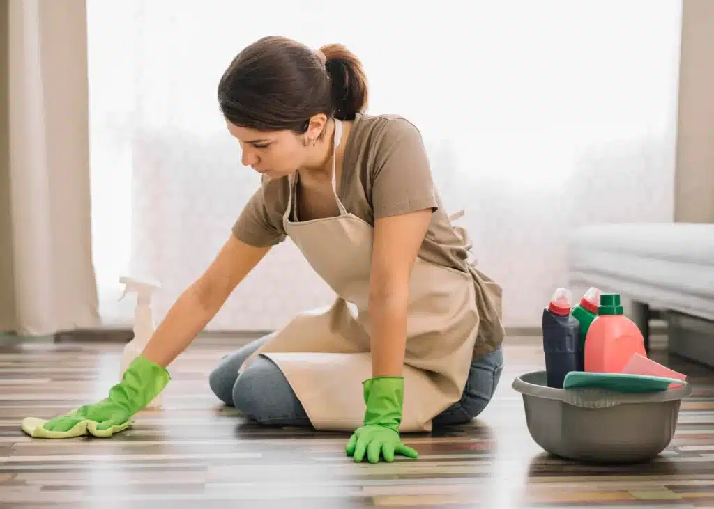 Woman cleaning hardwood floor with gloves, wearing apron; cleaning supplies in a basin nearby.