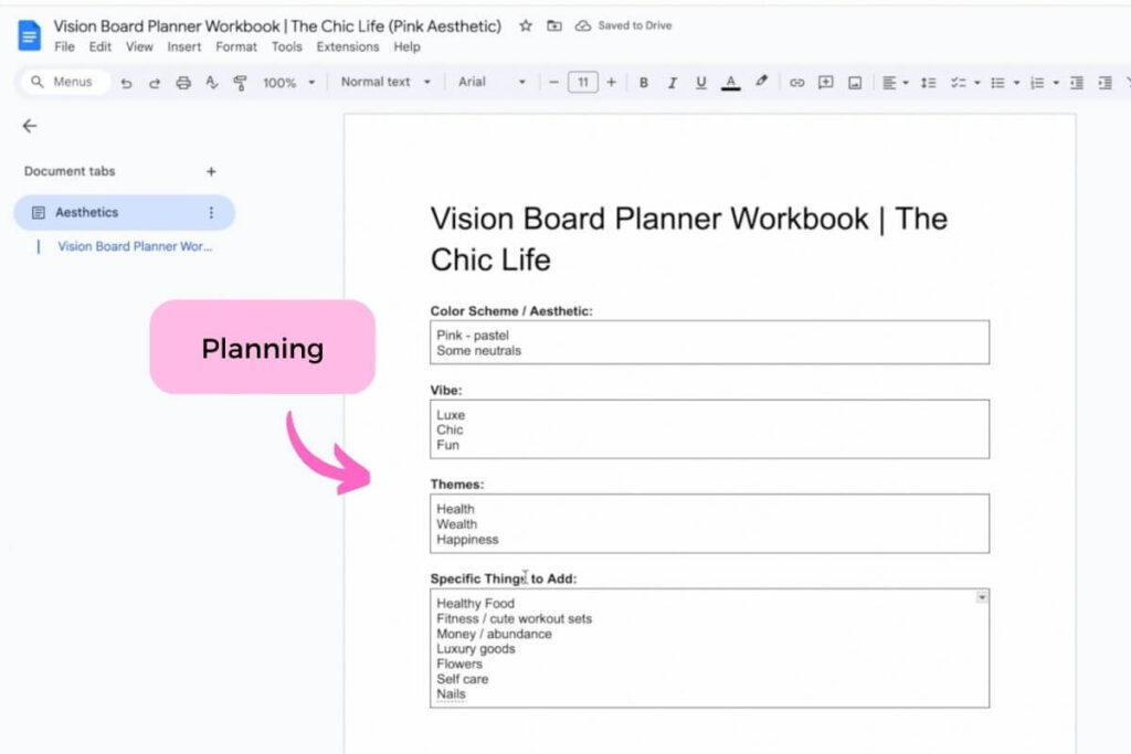 Vision Board Planner Workbook with pink aesthetic, featuring themes of health, wealth, and happiness for planning.