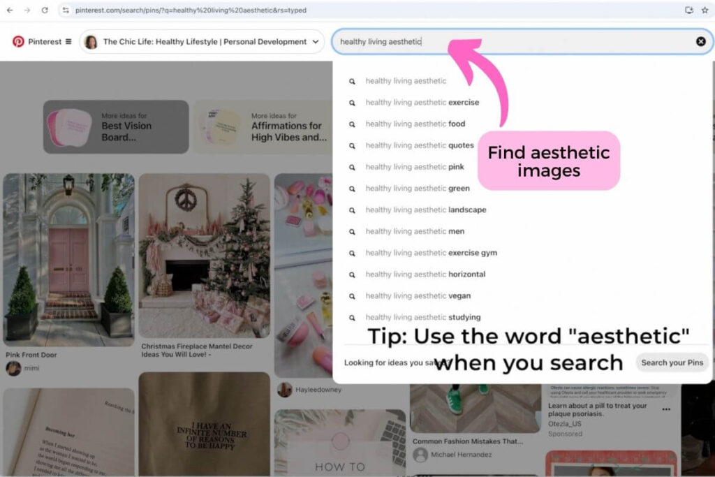 Pinterest search for healthy living aesthetic with tips on finding images.