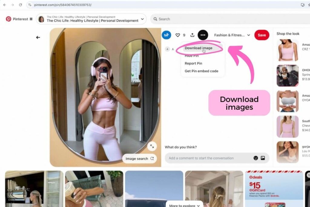 Screenshot of Pinterest pin showcasing a woman in pink activewear taking a mirror selfie, with download options highlighted.