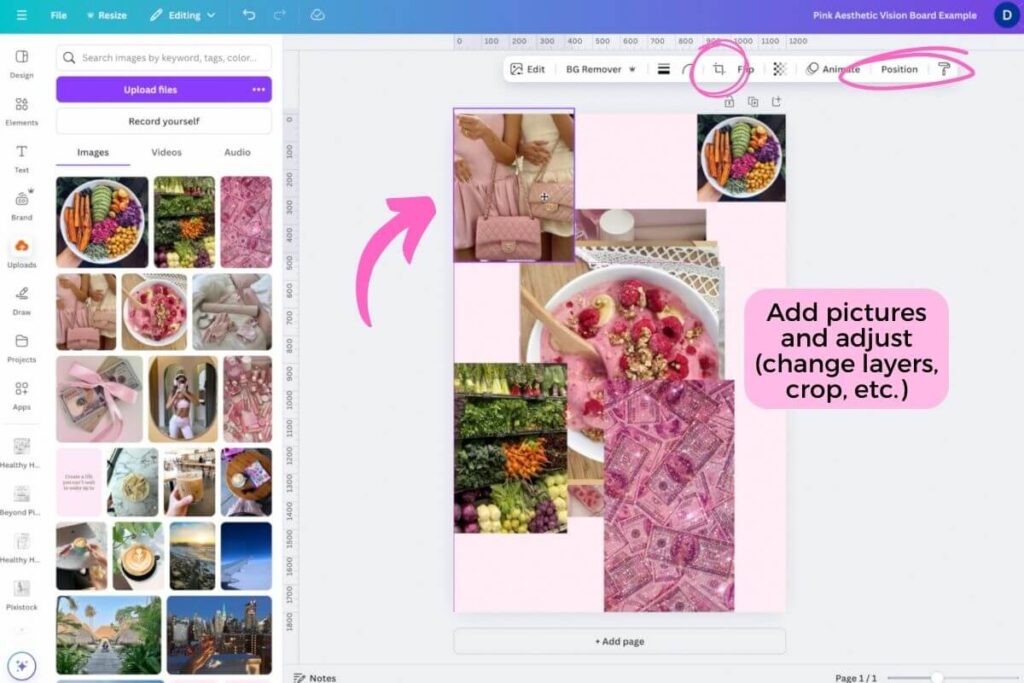 Creating a pink aesthetic vision board using a graphic design tool.