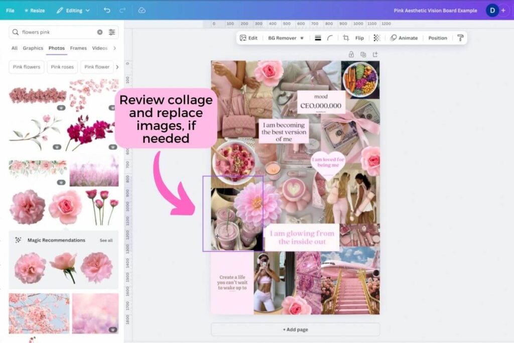 Pink aesthetic vision board with various images and motivational quotes, featuring flowers and lifestyle elements.