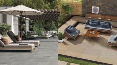 Modern outdoor patio with stylish lounge chairs, umbrellas, and cozy seating areas, perfect for relaxation and entertaining.