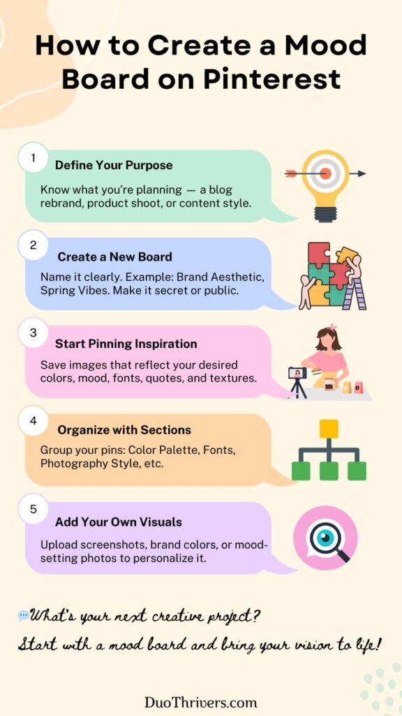Guide to creating a mood board on Pinterest with steps for defining purpose, organizing, and adding visuals.