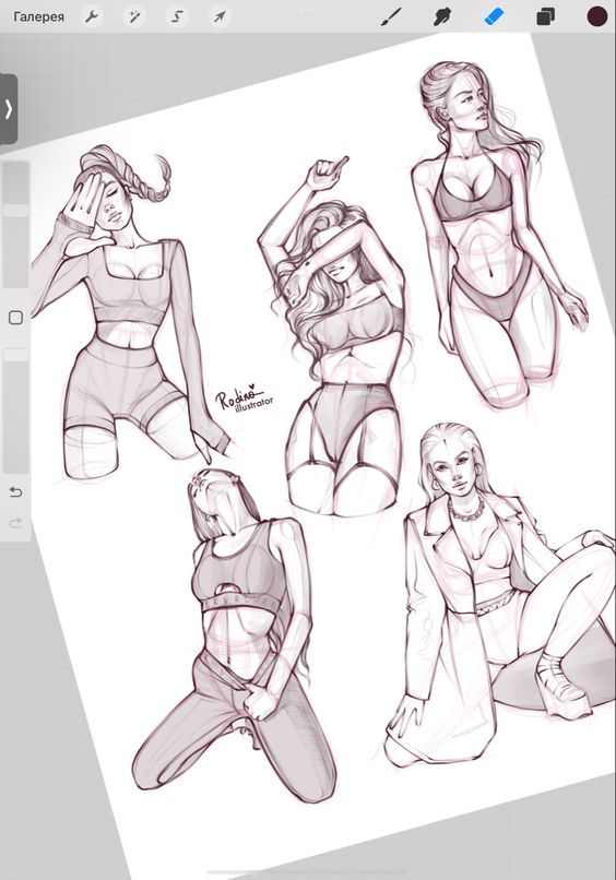 Illustration of five women in various poses, showcasing athletic and casual fashion sketches.