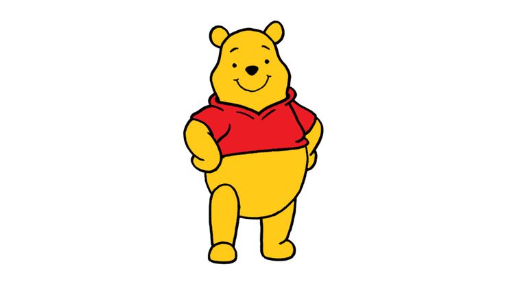 Cute yellow bear in a red shirt smiling, standing upright on a white background.