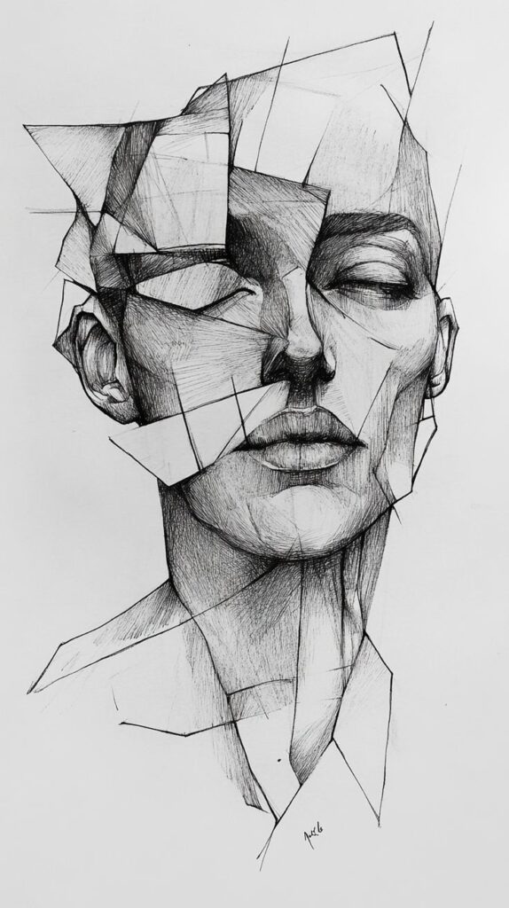 Abstract sketch of a woman's face, fragmented and geometric, showcasing intricate linework and expression.