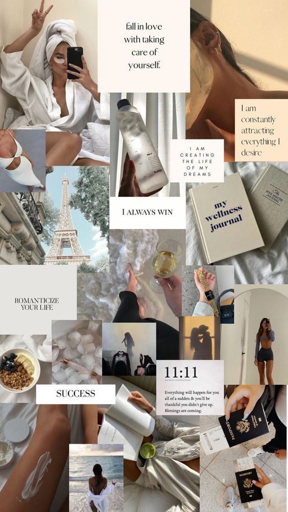 Vision board collage promoting self-care, wellness, and success with motivational quotes and lifestyle imagery.