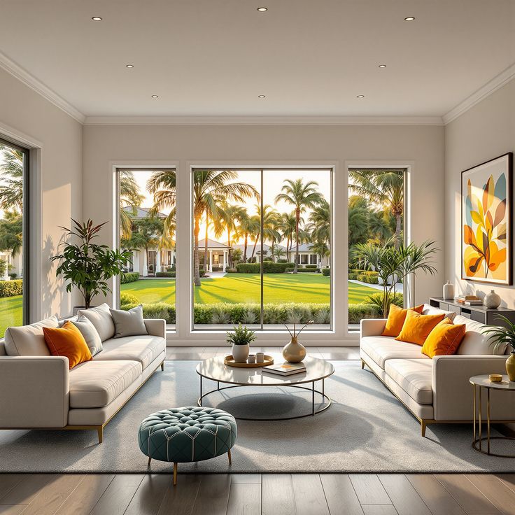 Modern living room with large windows, palm tree view, elegant sofas, and vibrant cushions. Sunny and spacious interior.