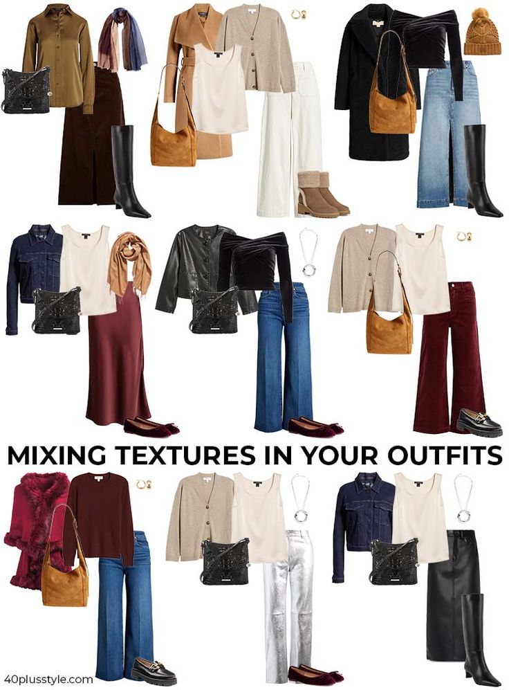 Fashion collage showcasing outfits with mixed textures and layers for stylish fall looks.
