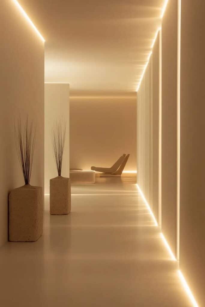 Minimalist hallway with soft lighting, modern decor, and sleek lounge chair in neutral tones.