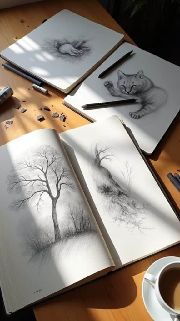 Inspiring Sketch Ideas for Your Art Journey Detailed pencil sketches of a tree, a cat, and a hand on notebooks with art supplies on a wooden table. | Sky Rye Design Detailed pencil sketches of a tree, a cat, and a hand on notebooks with art supplies on a wooden table.