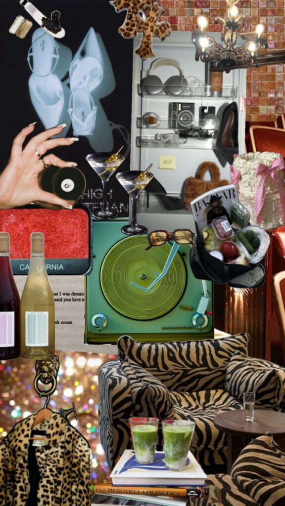 Eclectic collage with vintage items, drinks, fashion, and decor, including records, leopard print, and martini glasses.
