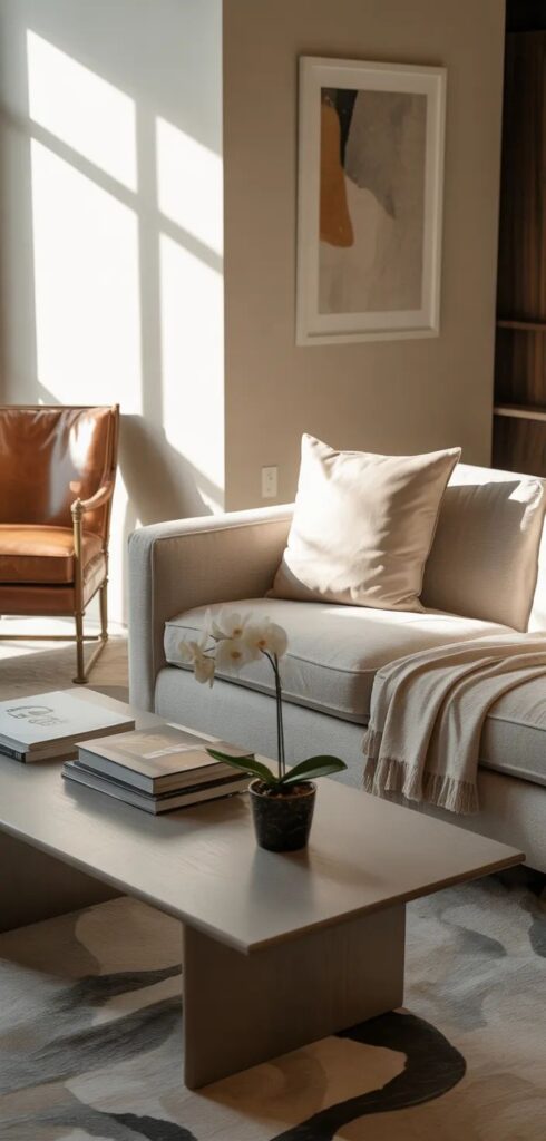 Modern living room with beige sofa, leather chair, coffee table, and abstract art, warmly lit by sunlight.