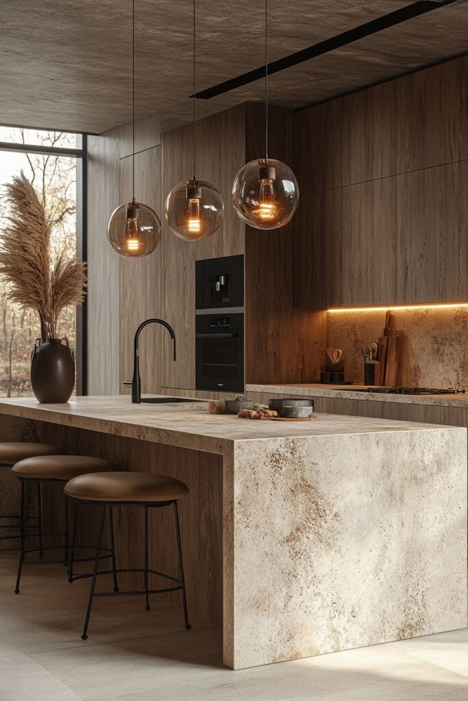 Modern kitchen with stone island, wood cabinets, and pendant lights, featuring natural decor and stools.